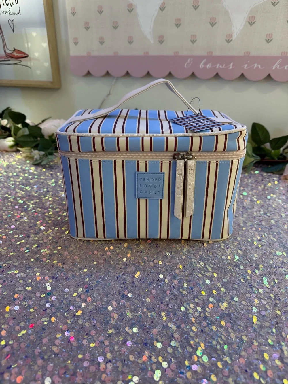 NWT Tender Love + Carry Travel Vanity Bag in Blue/Cream Vertical Stripe Pattern